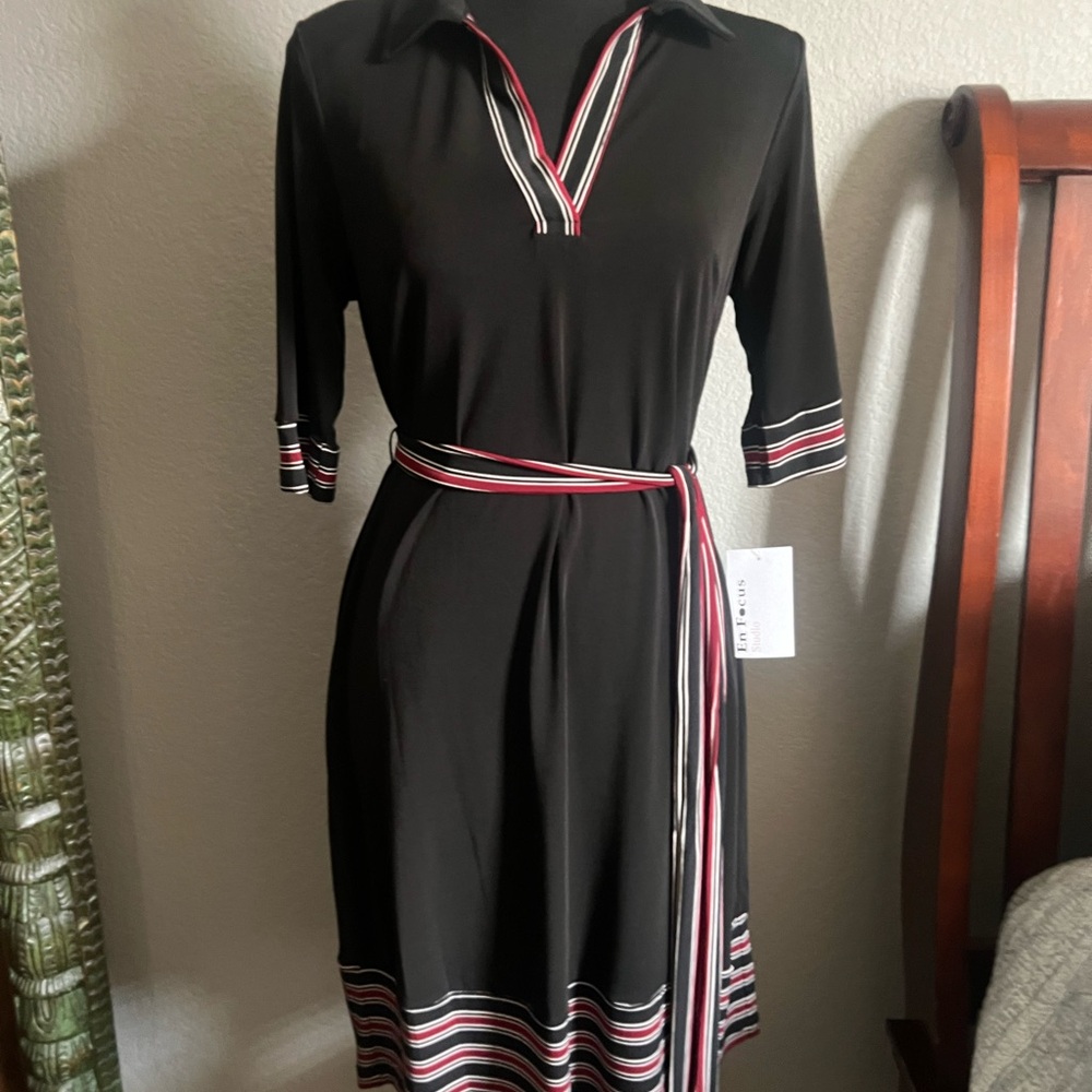 Enfocus Studio Black Midi Dress with V-Neck and Polo Collar